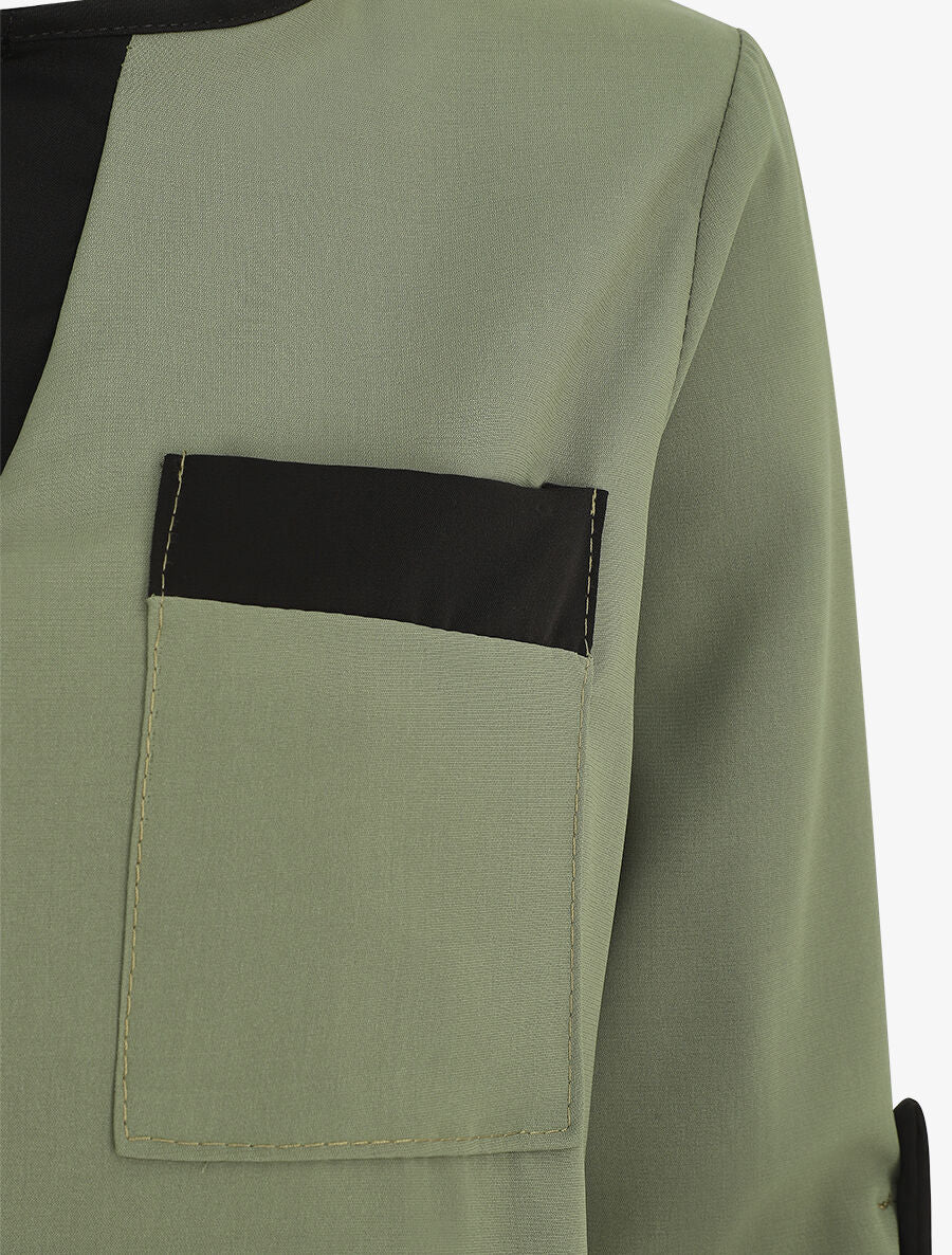 Blouse unie fluide à manches retroussables - Kaki - 3
