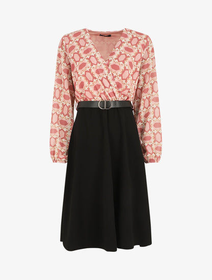 Robe bi-matière imprimé graphique - Vieux rose - 1