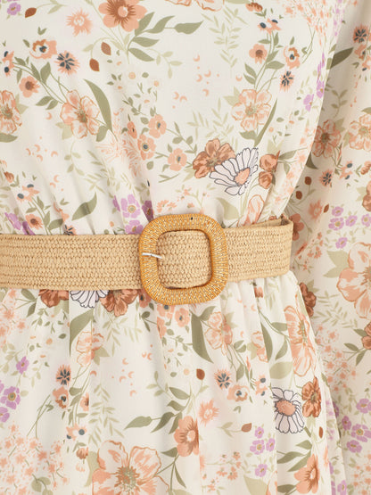 Robe imprimé fleuri à taille élastiquée - Beige - 3