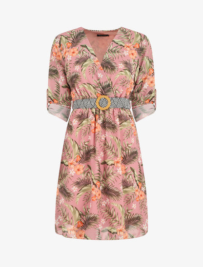 Robe imprimé tropical à taille élastiquée - Vieux rose - 1