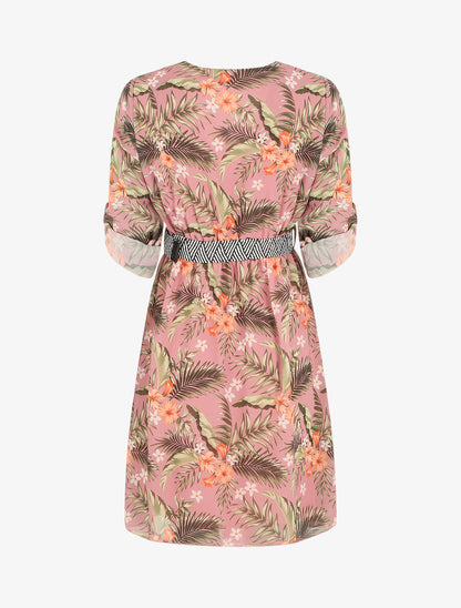 Robe imprimé tropical à taille élastiquée - Vieux rose - 2