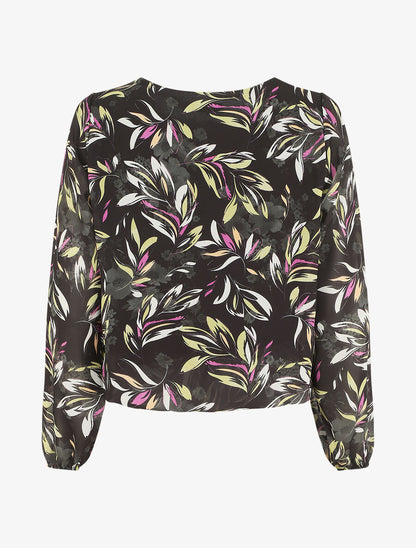 Blouse en voile coupe boule imprimé feuilles - Noir - 2