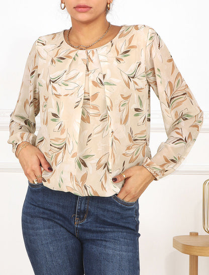 Blouse en voile coupe boule imprimé feuilles - Beige - 4