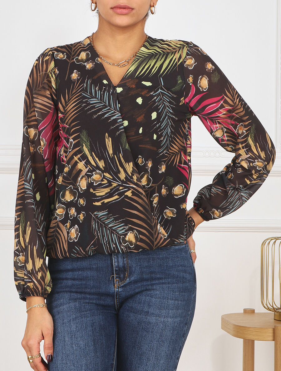 Blouse en voile imprimé tropical - Noir - 4