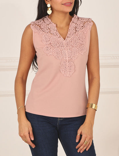 Top uni sans manches col en crochet - Rose poudré - 4