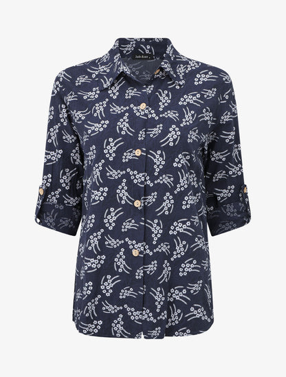 Chemise fleurie à manches longues - Marine - 1