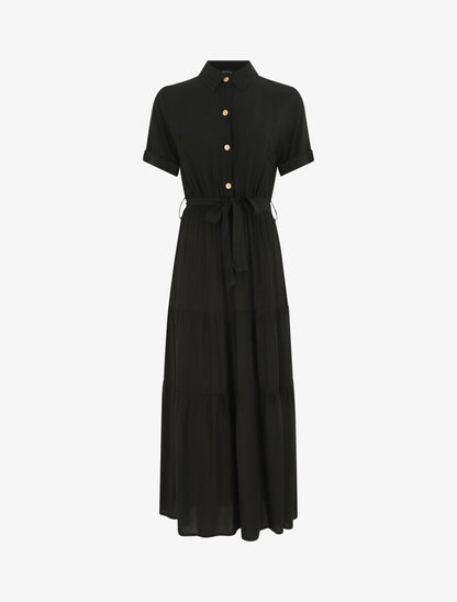 Robe longue unie style chemise - Noir - 1