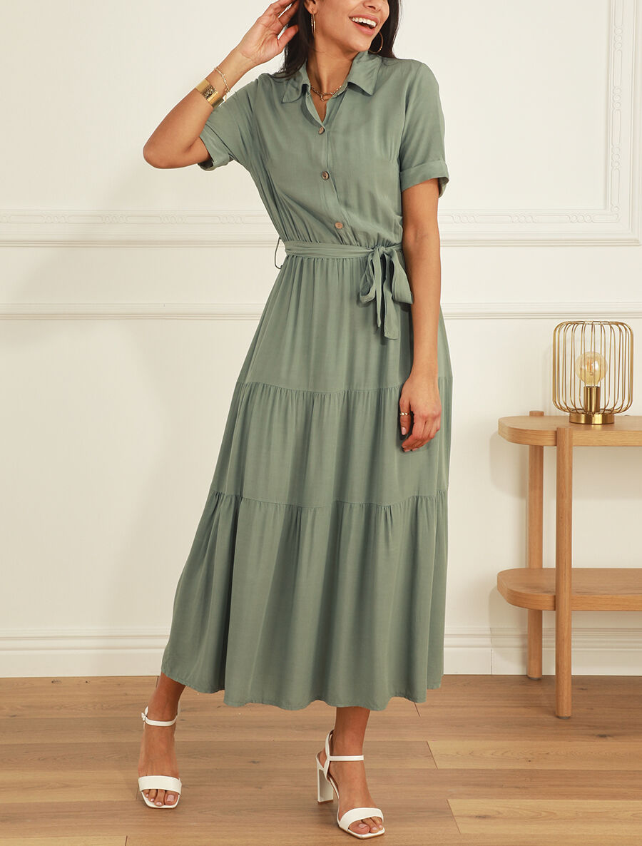 Robe longue unie style chemise - Vert - 4