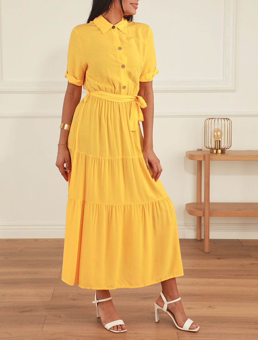 Robe longue unie style chemise - Jaune - 4