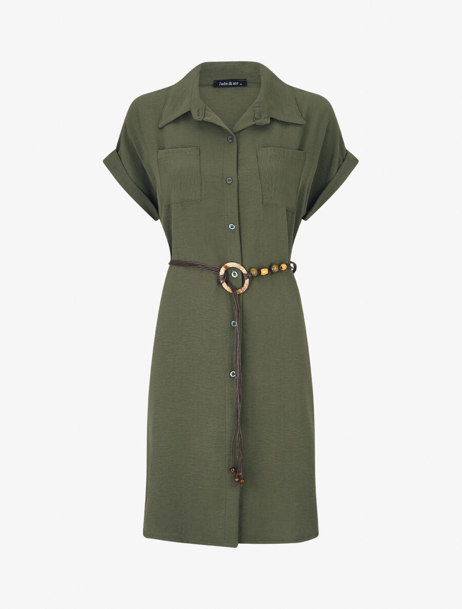 Robe chemise unie à manches courtes - Kaki - 1