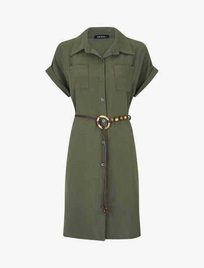 Robe chemise unie à manches courtes - Kaki - 1