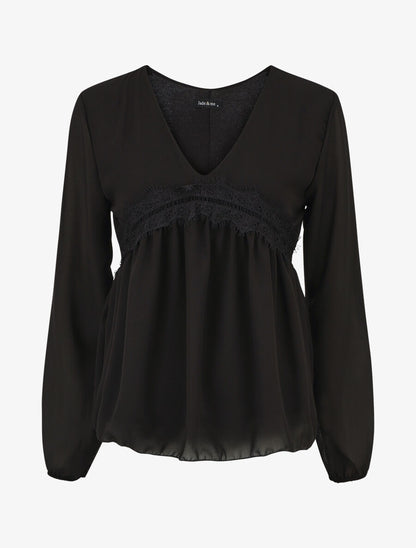 Blouse en voile et dentelle - Noir - 1