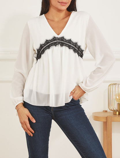Blouse en voile et dentelle - Blanc - 4