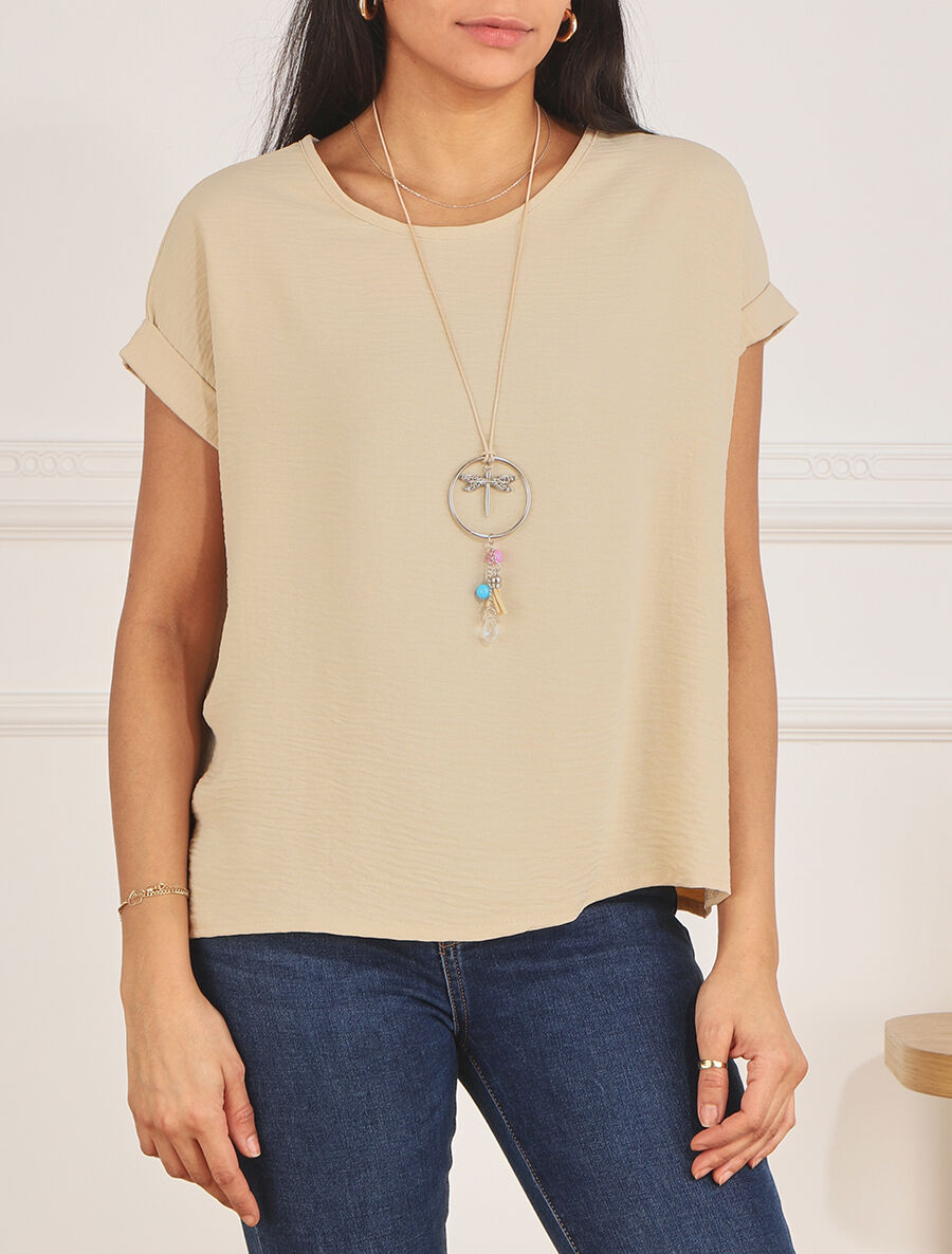 Top uni boutonné dos - Beige - 4
