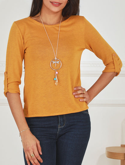 Pull fin uni à manches retrousssables - Jaune moutarde - 4