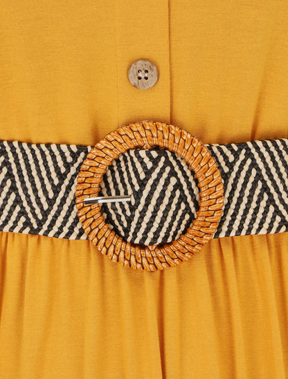 Robe unie à taille élastiquée - Jaune moutarde - 3