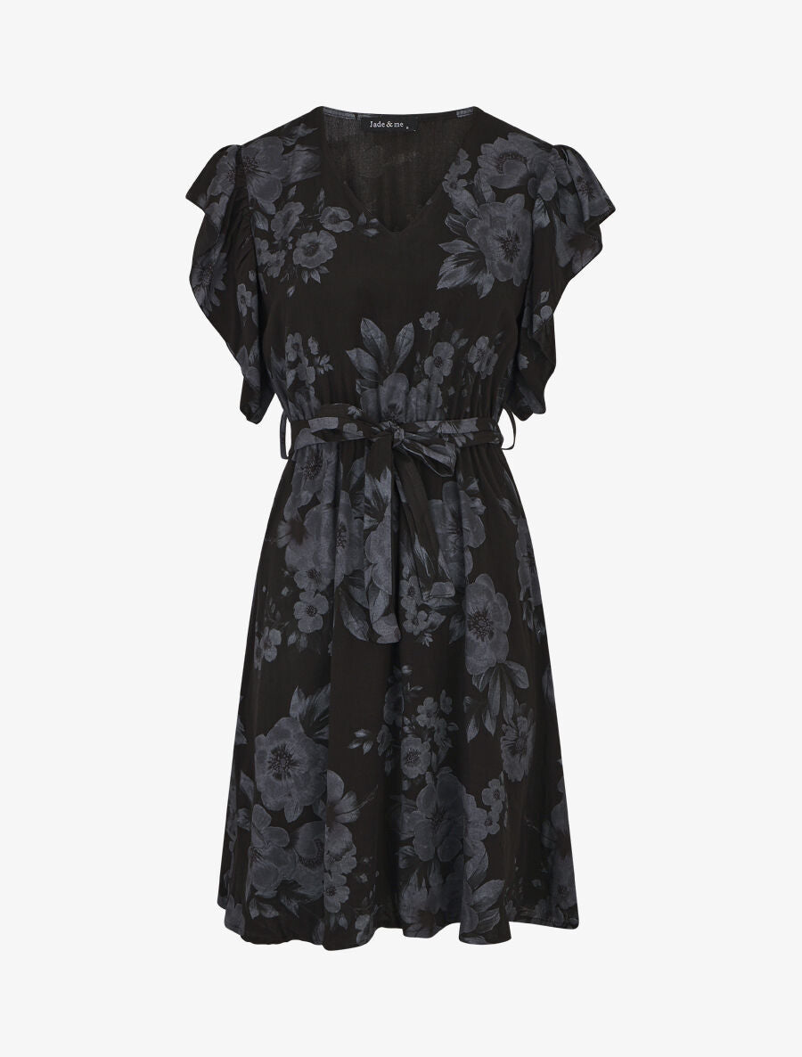 Robe mi-longue fleurie manches courtes volantées - Noir - 1