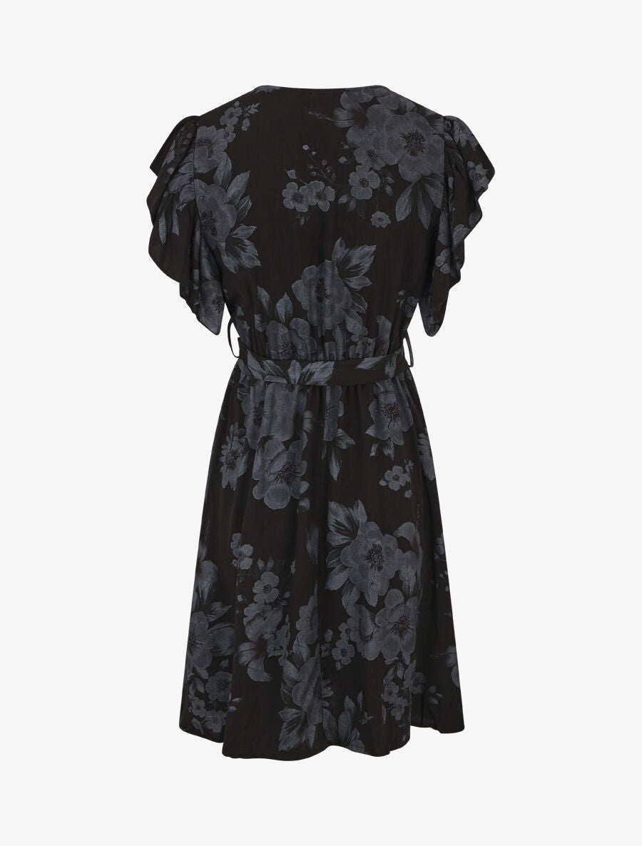 Robe mi-longue fleurie manches courtes volantées - Noir - 2