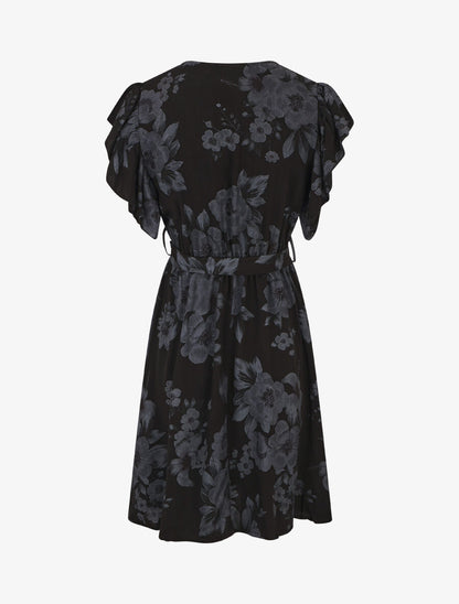Robe mi-longue fleurie manches courtes volantées - Noir - 2
