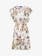 Robe mi-longue fleurie manches courtes volantées - Blanc - 1