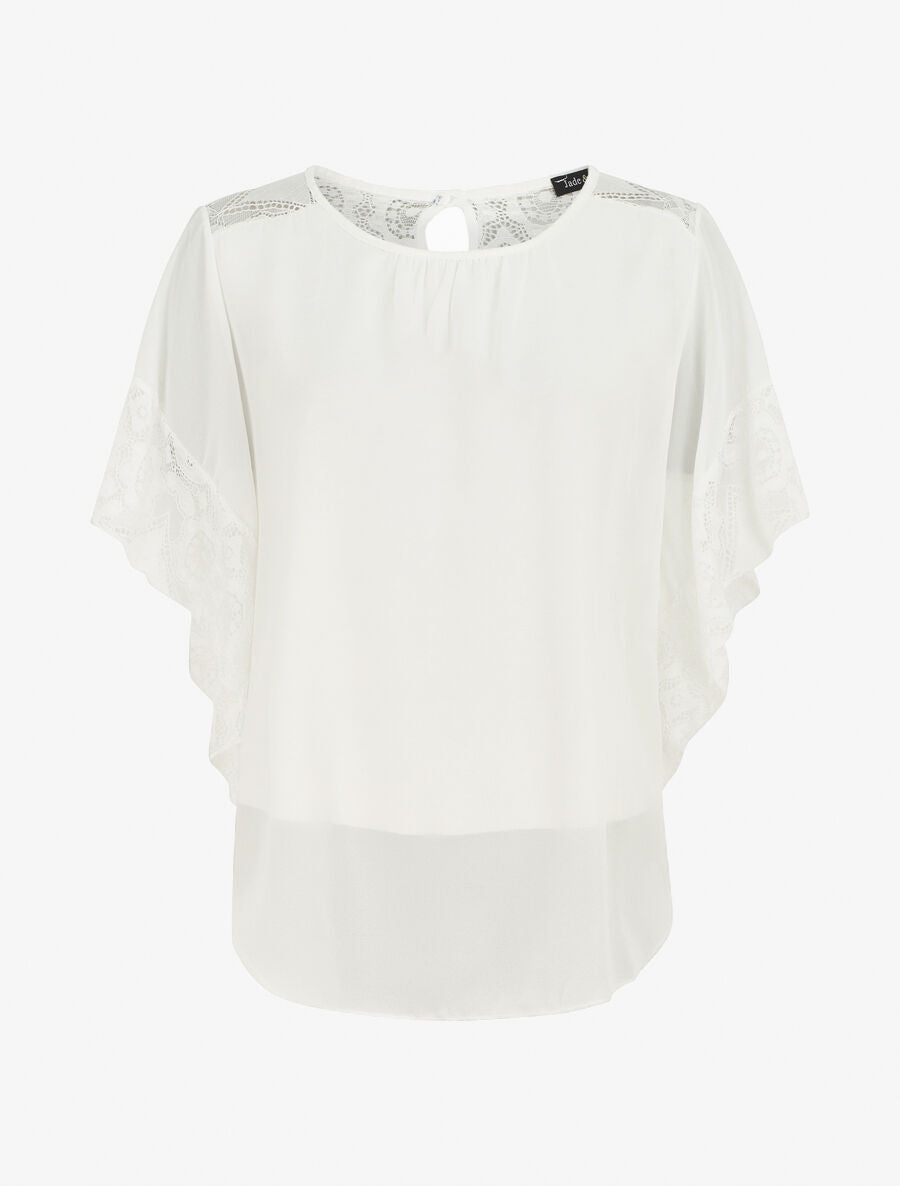 Top uni en voile et dentelle - Blanc - 1