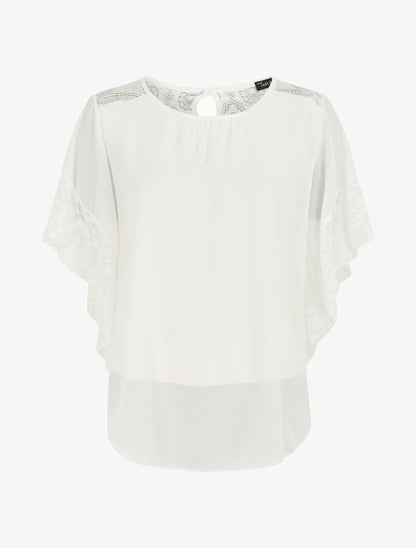 Top uni en voile et dentelle - Blanc - 1