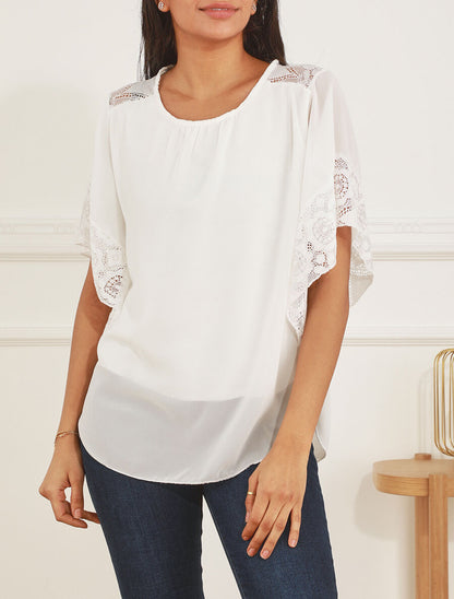 Top uni en voile et dentelle - Blanc - 4