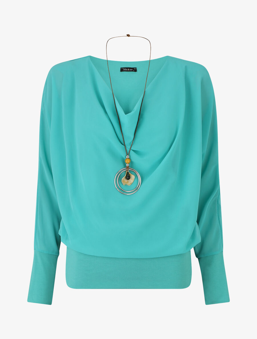 Blouse en voile à bords froncés - Turquoise - 1