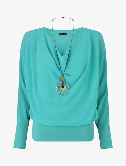 Blouse en voile à bords froncés - Turquoise - 1