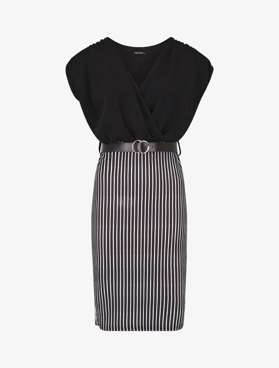 Robe fourreau manches courtes et rayures - Noir - 5