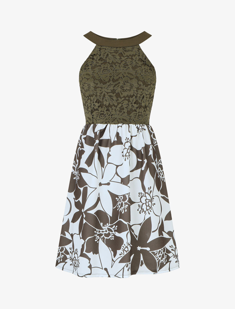 Robe évasée sans manches imprimé floral - Kaki - 5