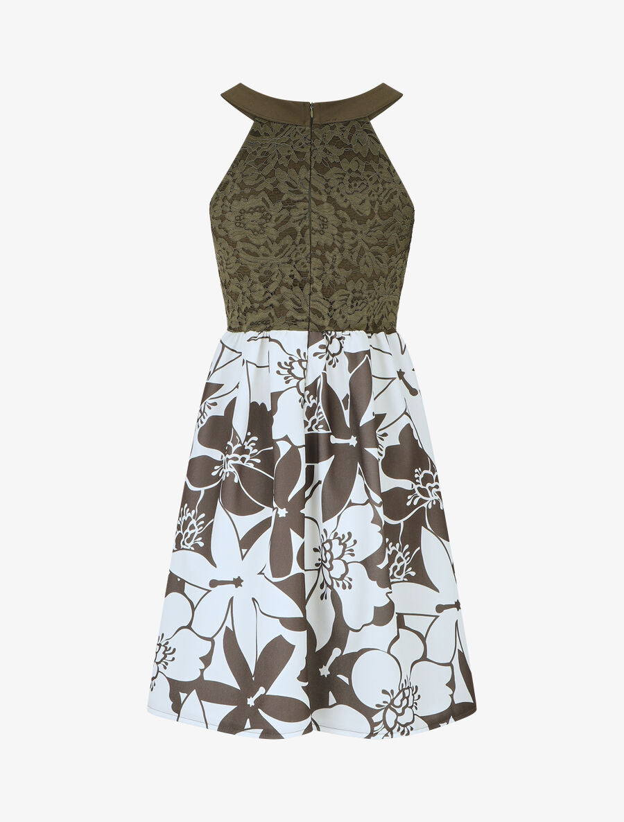 Robe évasée sans manches imprimé floral - Kaki - 2