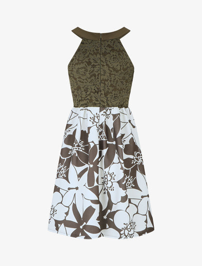 Robe évasée sans manches imprimé floral - Kaki - 2