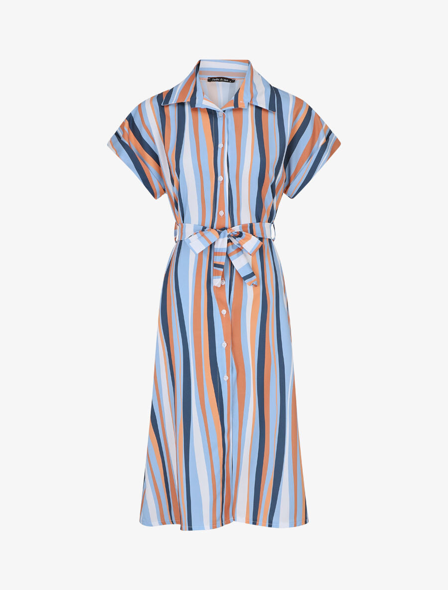 Robe chemise rayée longue manches courtes - Bleu ciel - 1