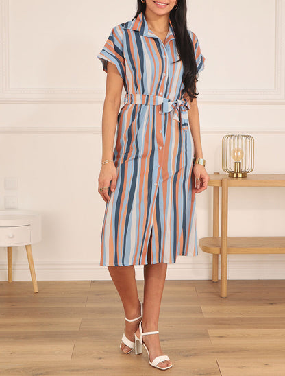 Robe chemise rayée longue manches courtes - Bleu ciel - 4