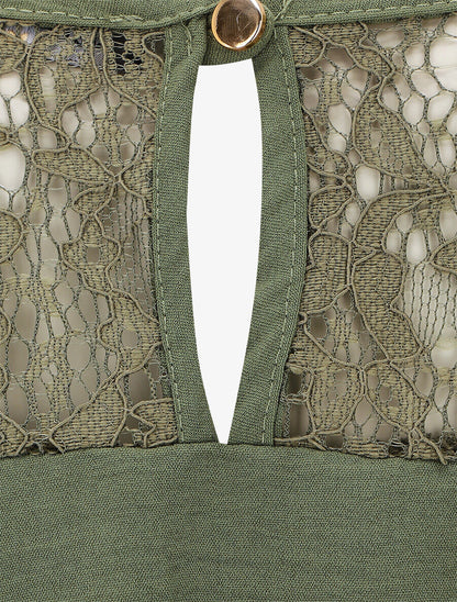 Top manches courtes uni dos en dentelle - Kaki - 3
