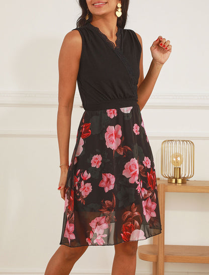 Robe mi-longue fleurie sans manches col cache-coeur - Noir - 4