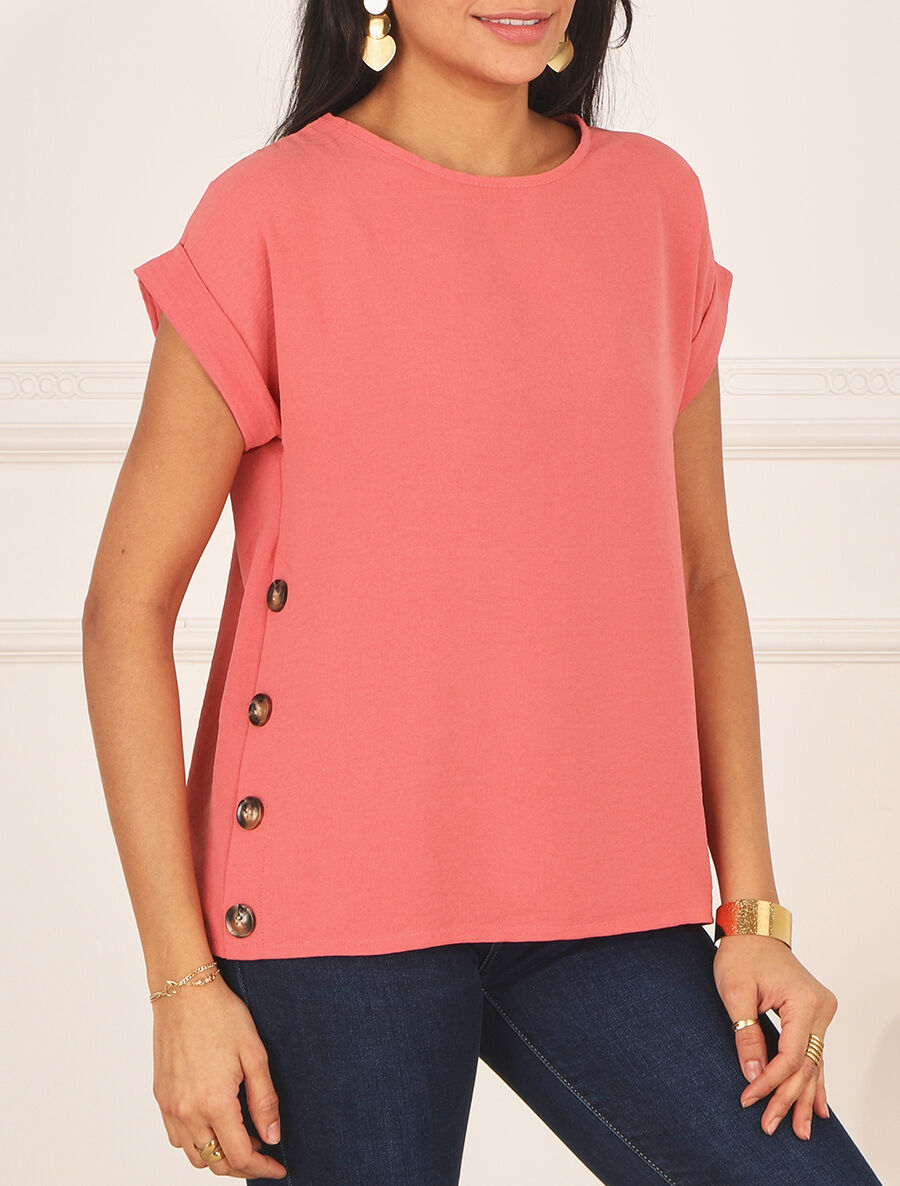 Top fluide uni boutonné à manches courtes - Rose - 4
