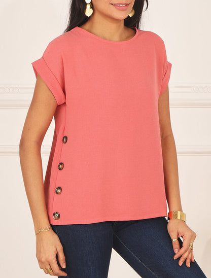 Top fluide uni boutonné à manches courtes - Rose - 4