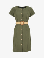 Robe courte unie boutonnée à manches courtes - Kaki - 1