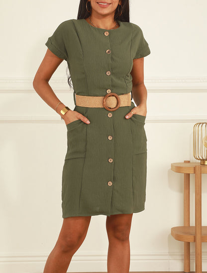 Robe courte unie boutonnée à manches courtes - Kaki - 3
