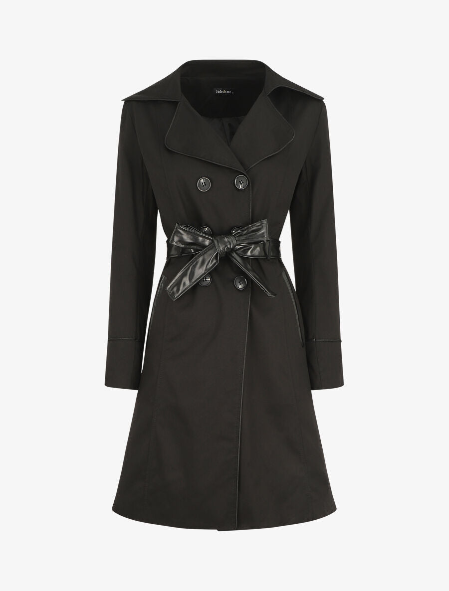 Trench mi-long uni à ceinture en simili - Noir - 5