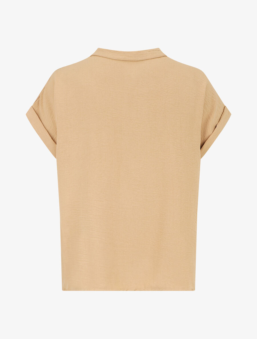 Top droit col V boutonné manches courtes - Beige - 2