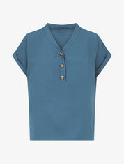 Top droit col V boutonné manches courtes - Bleu - 1