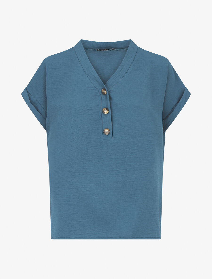 Top droit col V boutonné manches courtes - Bleu - 1