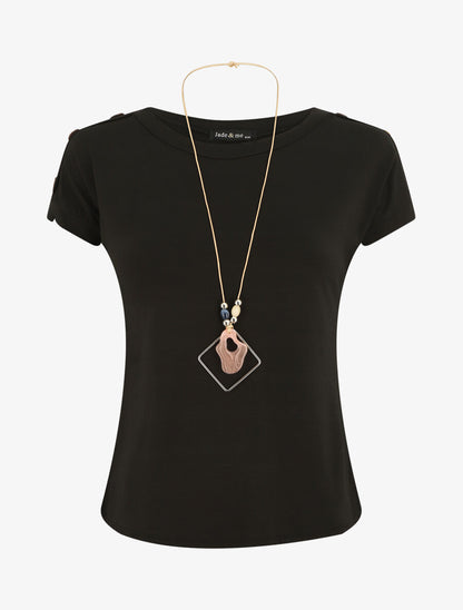 T-shirt uni manches courtes à boutons - Noir - 4
