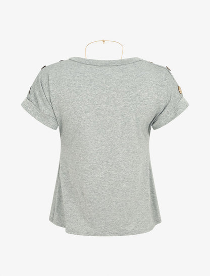 T-shirt uni manches courtes à boutons - Gris chiné - 2