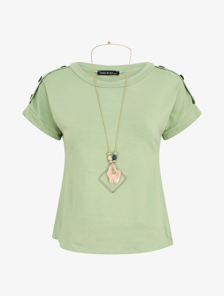 T-shirt uni manches courtes à boutons - Vert amande - 5