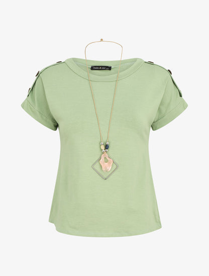 T-shirt uni manches courtes à boutons - Vert amande - 5