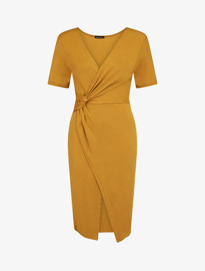Robe portefeuille fendue manches courtes - Moutarde - 1